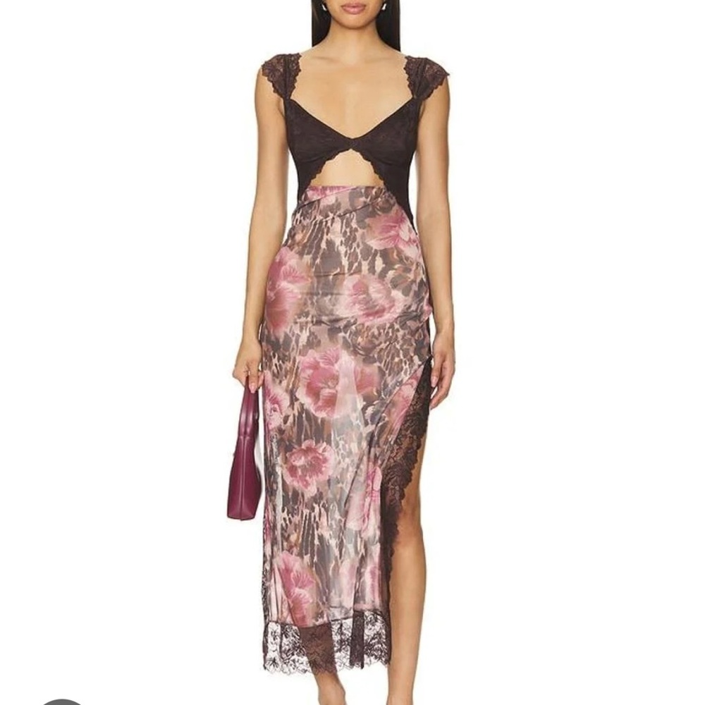 Free People Suddenly Fine Floral Print Cutout Lace Trim Nightgown
